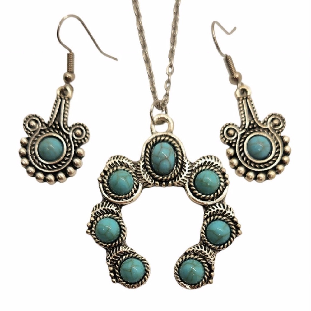 Handmade Turquoise Squash Blossom Necklace Earrings Set